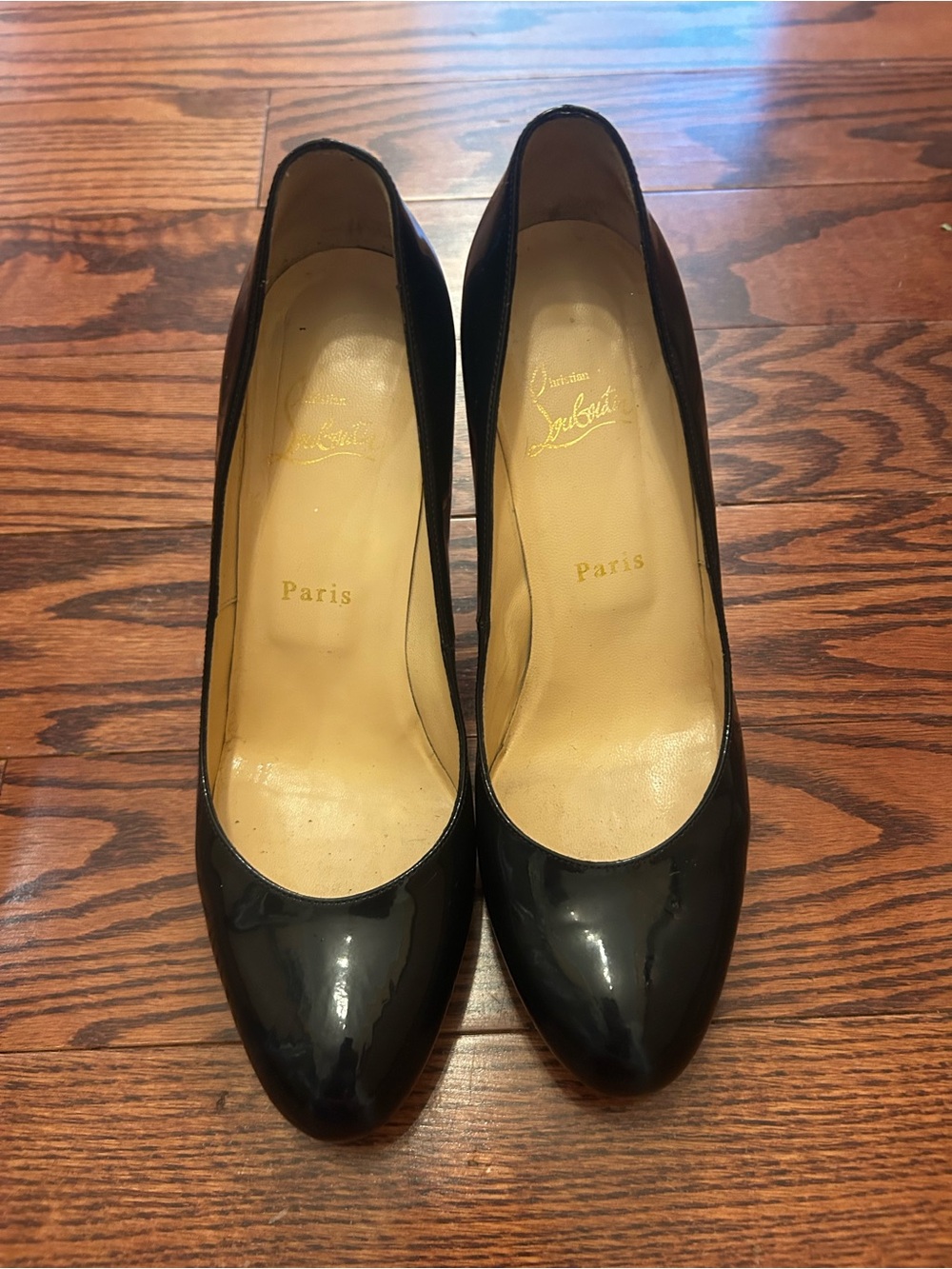 Authentic Christian Louboutin navy Patent Round-Toe Pumps